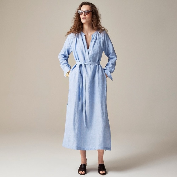 NEW!! J. CREW Cabana Dress French Blue Linen Midi Tie Waist Pockets XSP X-Small - Picture 1 of 16